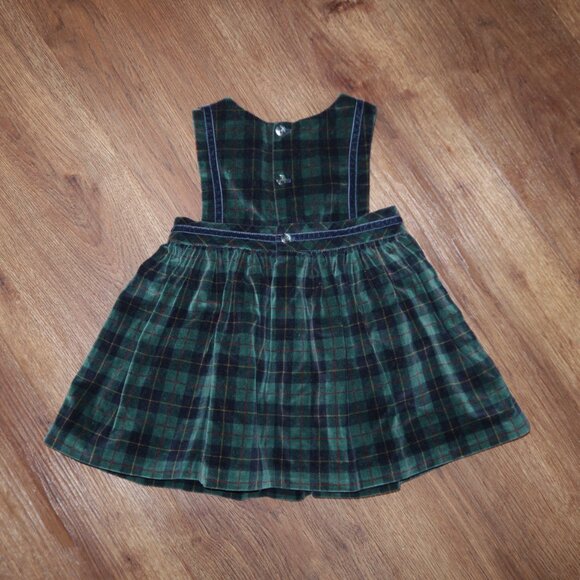 Vintage Girls Navy Blue Green Tartan Plaid Velvet Jumper Dress Gold Buttons 24m - Picture 4 of 5